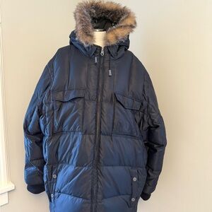 GAP Men's Black Puffer Jacket with Faux Fur Hood